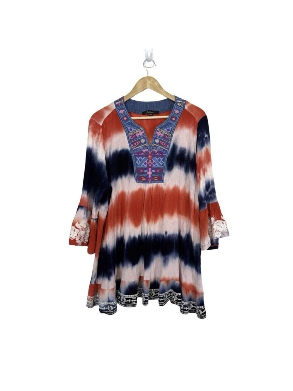 CALEOAS Tie Dye Tunic Top Plus Sz 1X Peasant Boho Embroidery Aztec Bell Sleeve